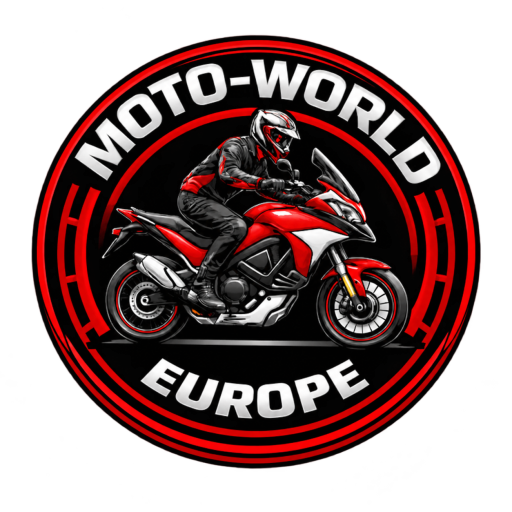 Moto World Europe logo featuring a rider on a red motorcycle